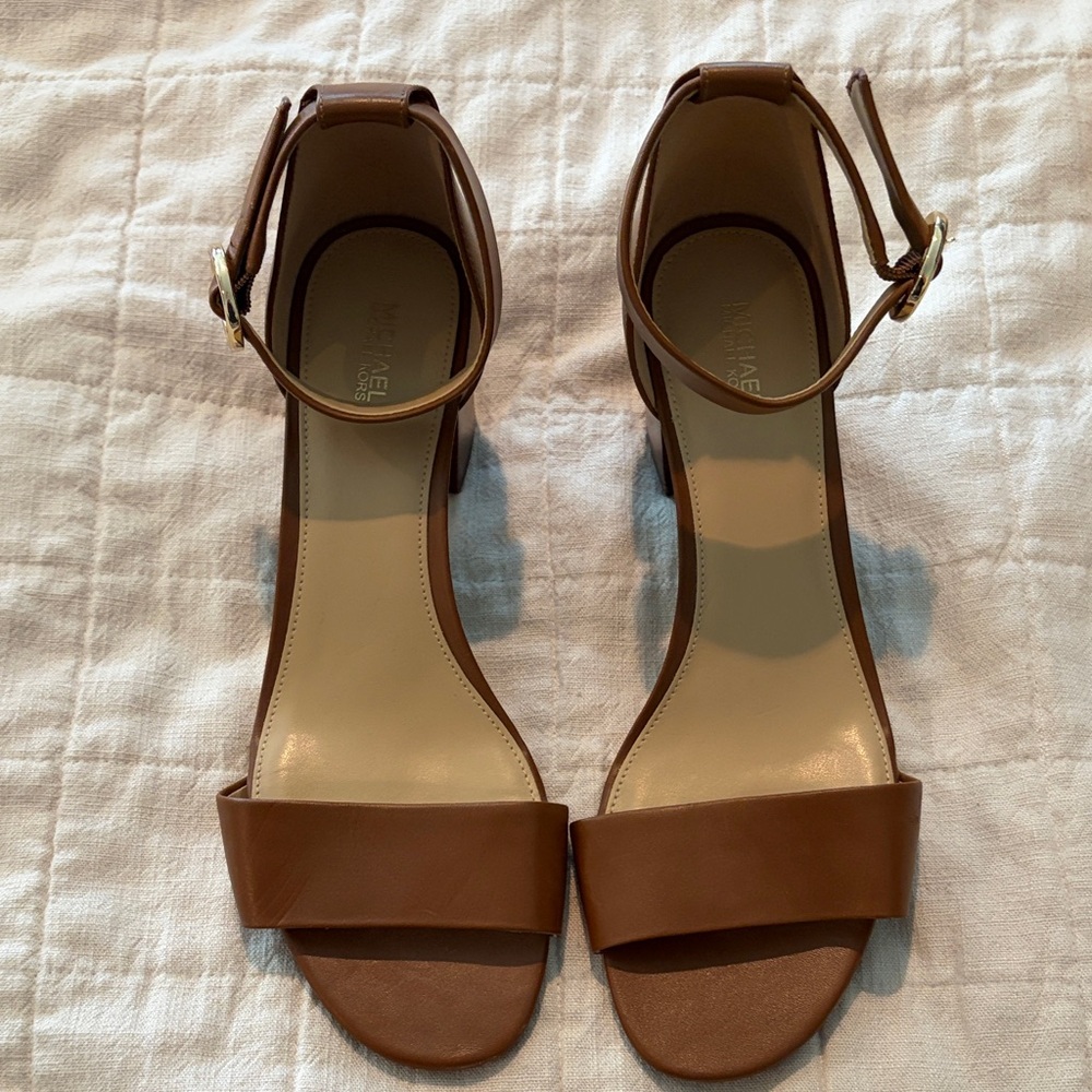 Michael Kors Tan Leather Ankle-Strap Block Heel Sandals